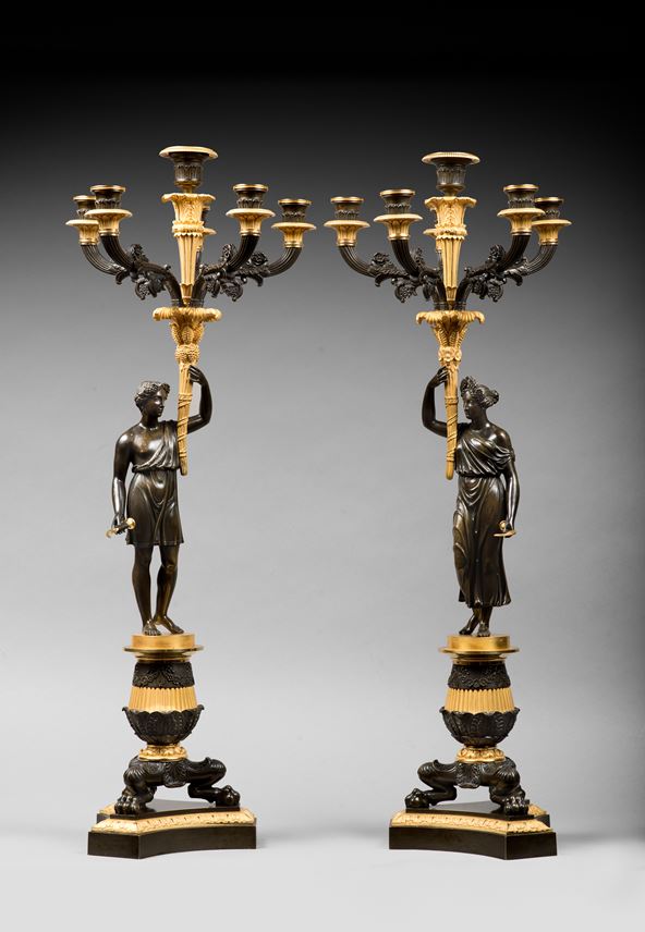 A pair of Empire ormolu and patinated bronze six-light candelabra | MasterArt